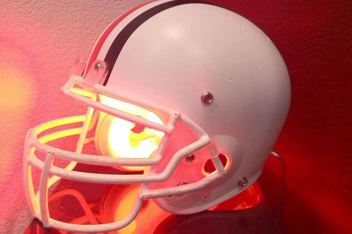 Desk lamp made from football helmet.