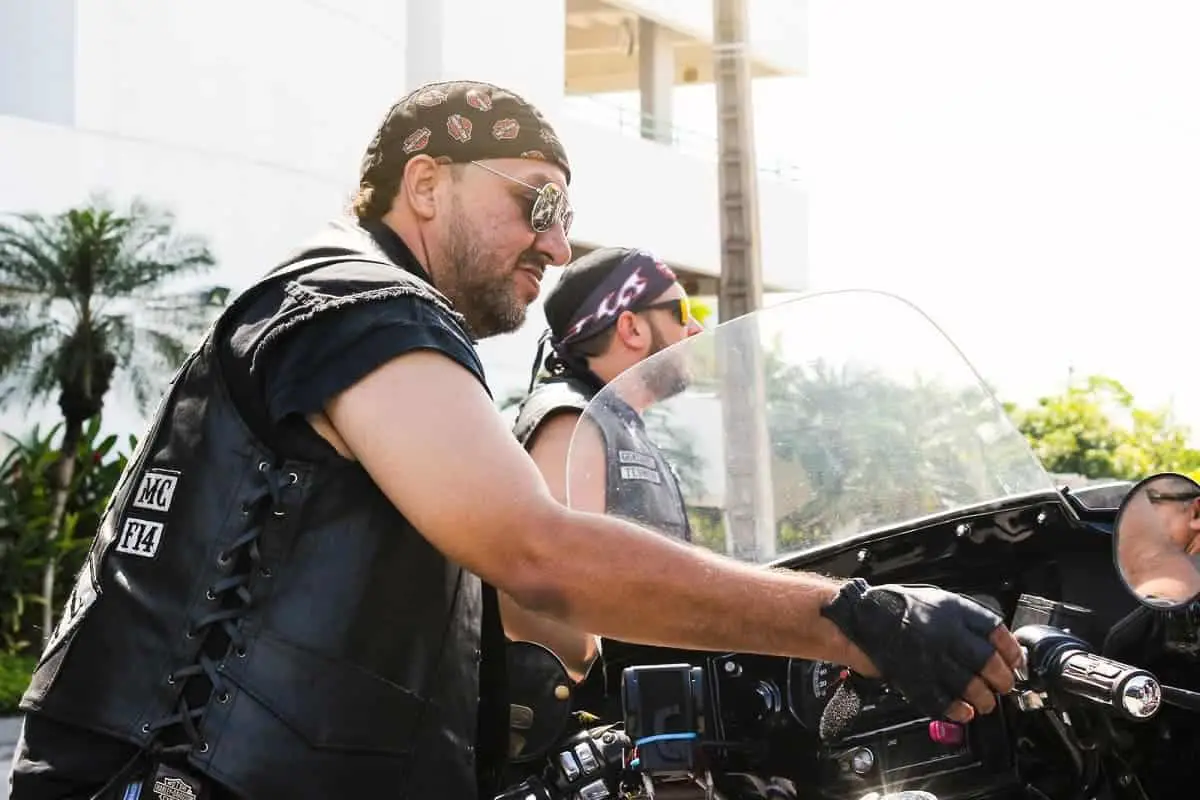 Biker guys wearing head coverings