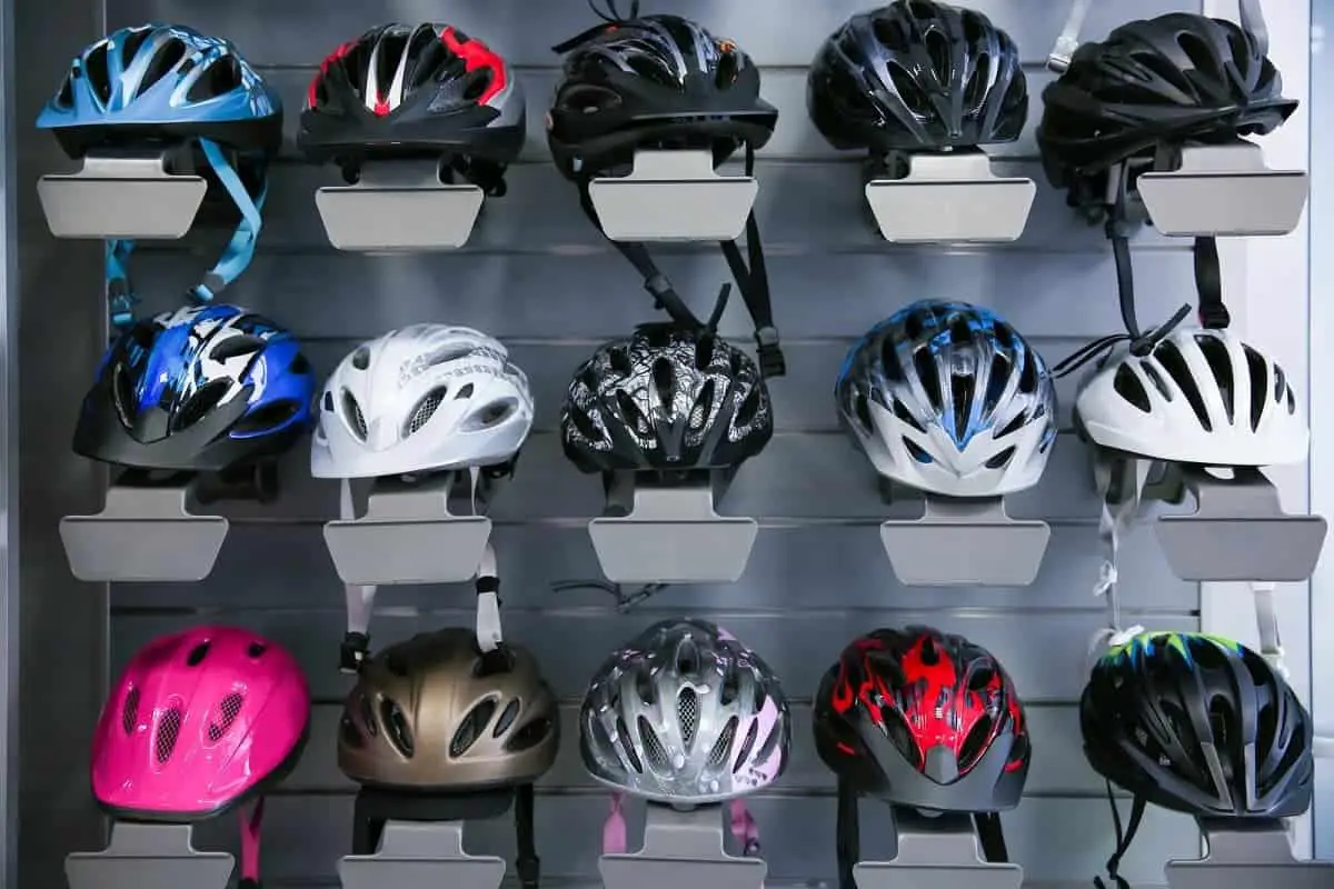 Bicycle Helmets on display shelf