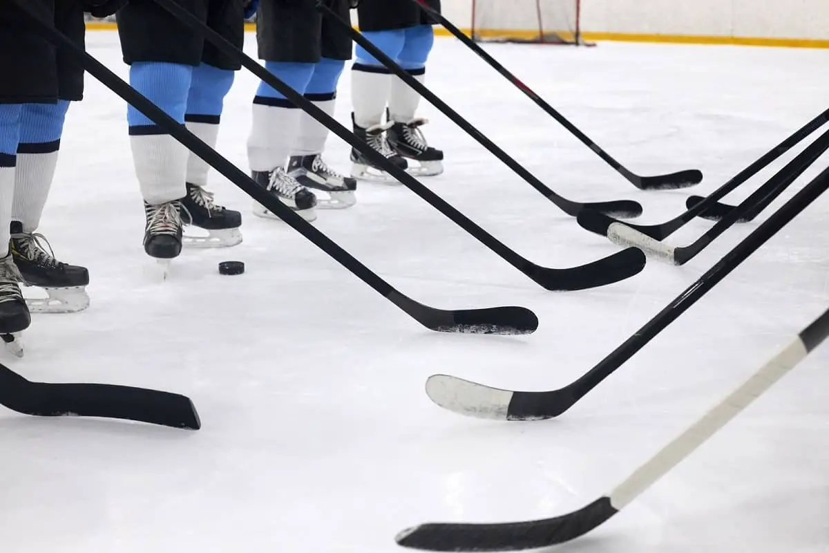 Ice hockey sticks of players lined up before game