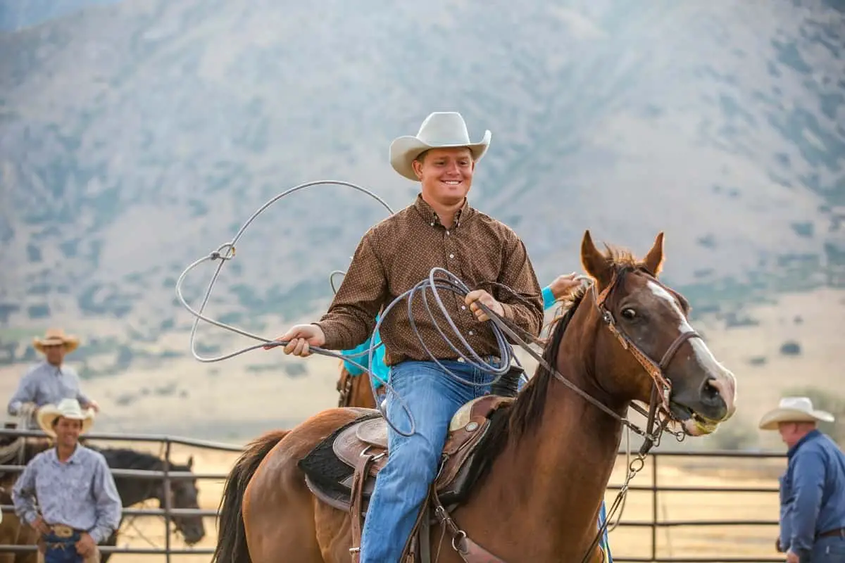 Young man wearing cowboy hat and twirling lasso riding brown horse.