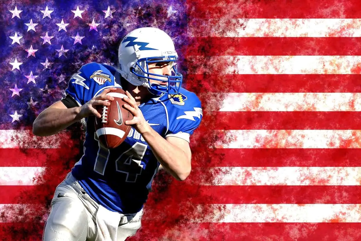 What are football helmets made of? Find out about this American footballer in action with US flag as background.