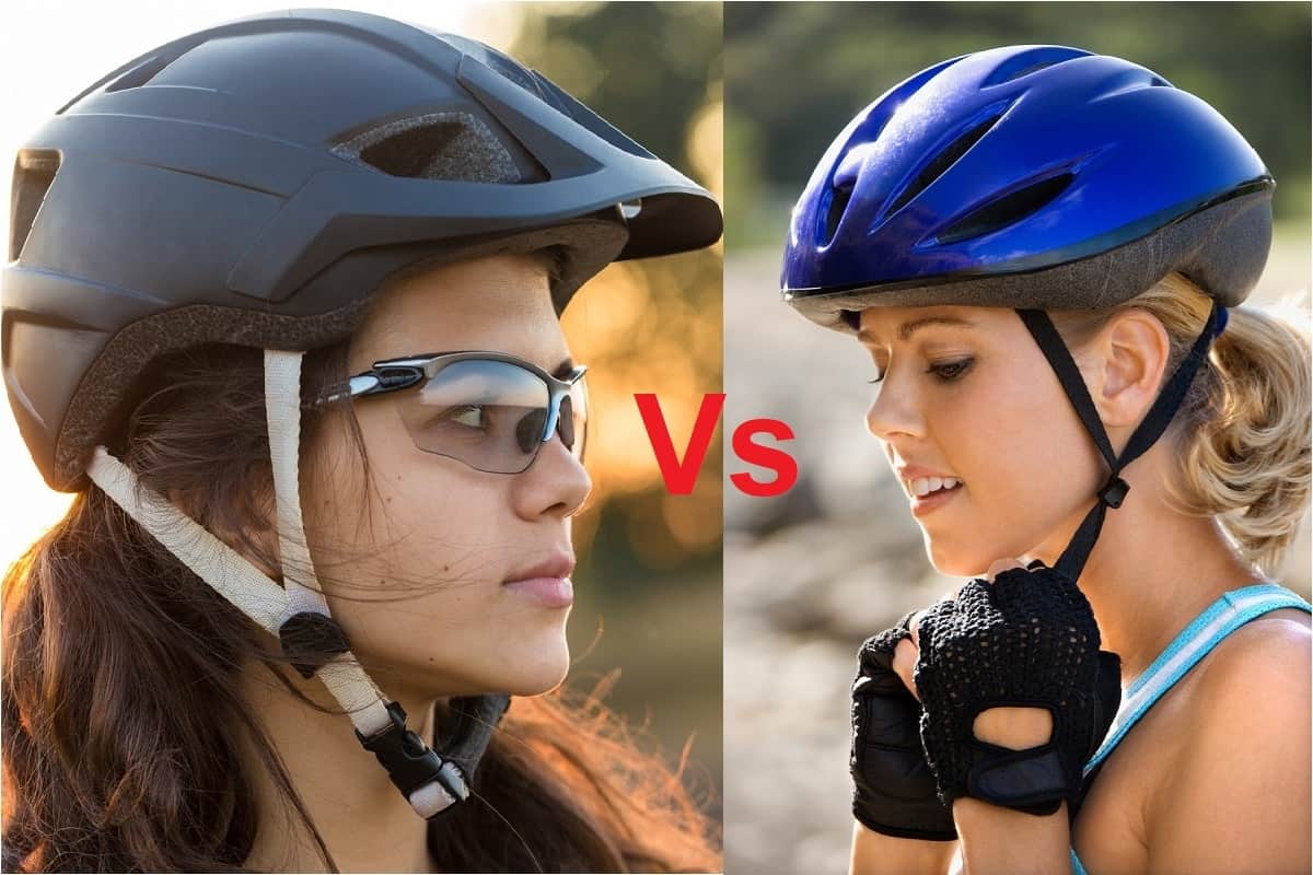 one girl wearing a mountain bike helmet and another girl wearing a road bike helmet