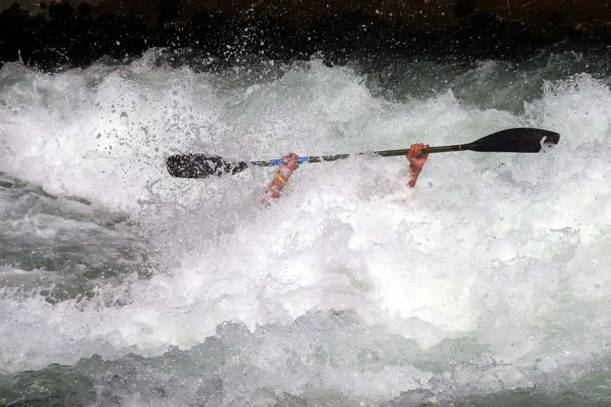 Kayaker in white water rapids but only paddle held aloft is visible