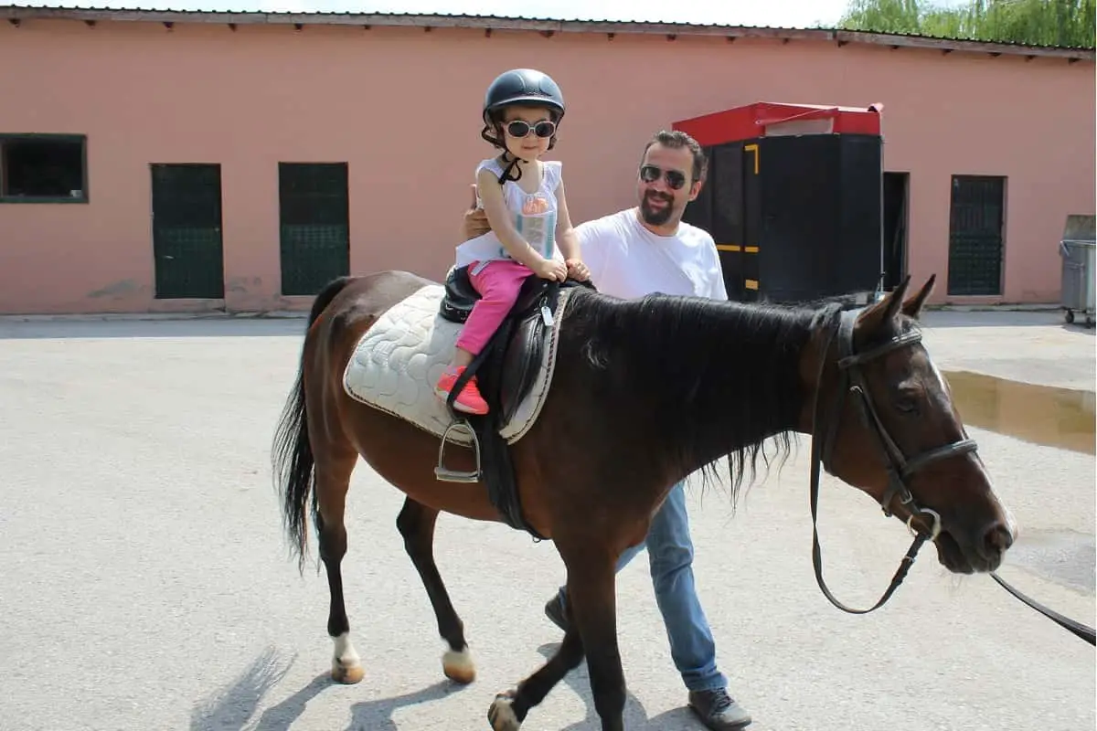 toddler sitting on horse while wearing a helmet and sunglasses