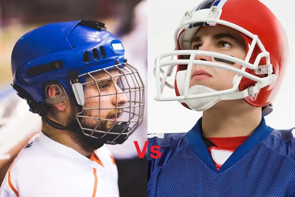 Hockey Helmet Vs Football Helmet 1 Hockey helmet Vs football helmet: which is more protective? Man wearing blue ice hockey helmet on the left and another man wearing a red football helmet on the right