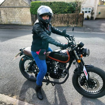 Emily Rabone on her Mutt motorcycle