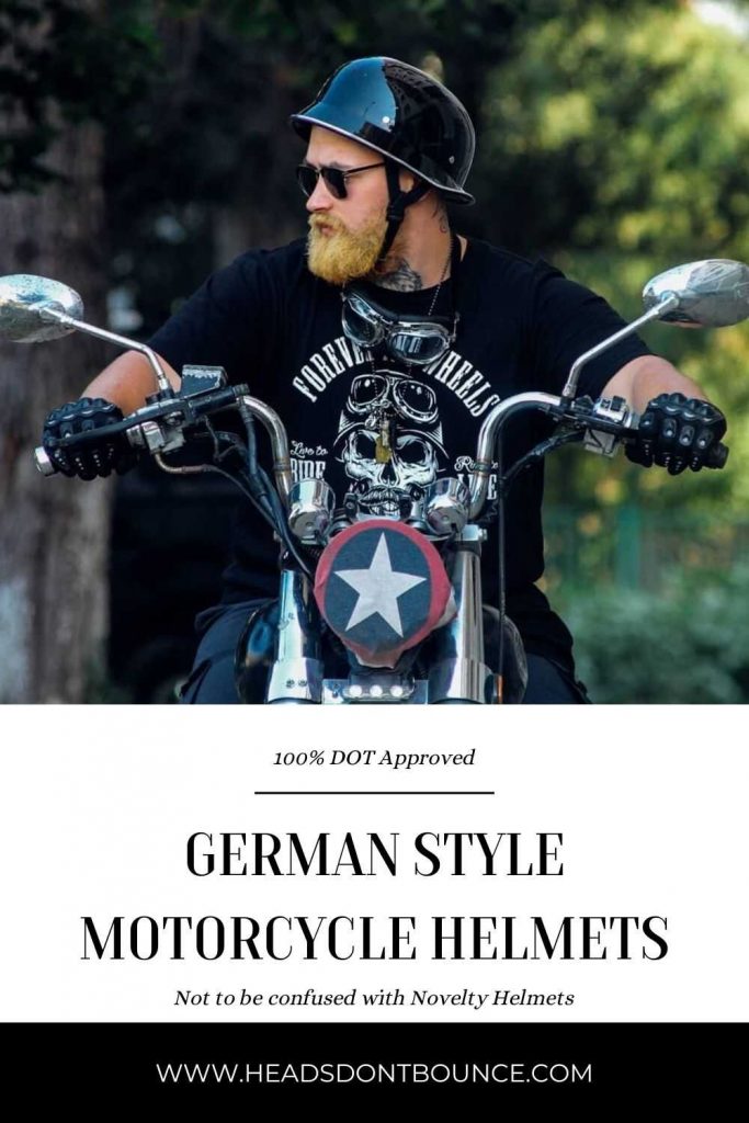 Bearded man riding a chopper motorcycle wearing a German Style Motorcycle Helmet.