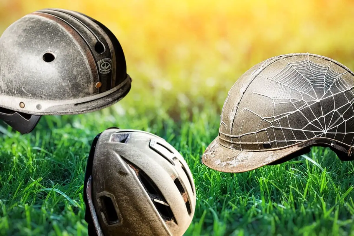 Do bike helmets expire? These three old bike helmets covered in dust and cobwebs sure look expired.