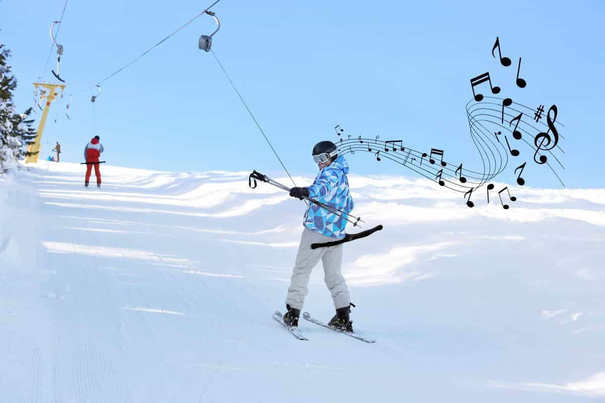 Person on ski lift listening to music.