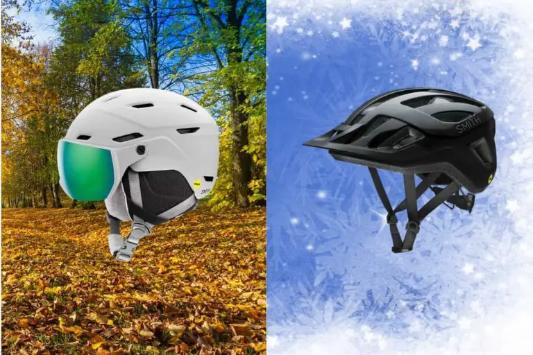 Ski Helmets vs Bike Helmets: Same or Different. On the left is a ski helmet with a forest background. On the right is a cycling helmet with a snowy background.