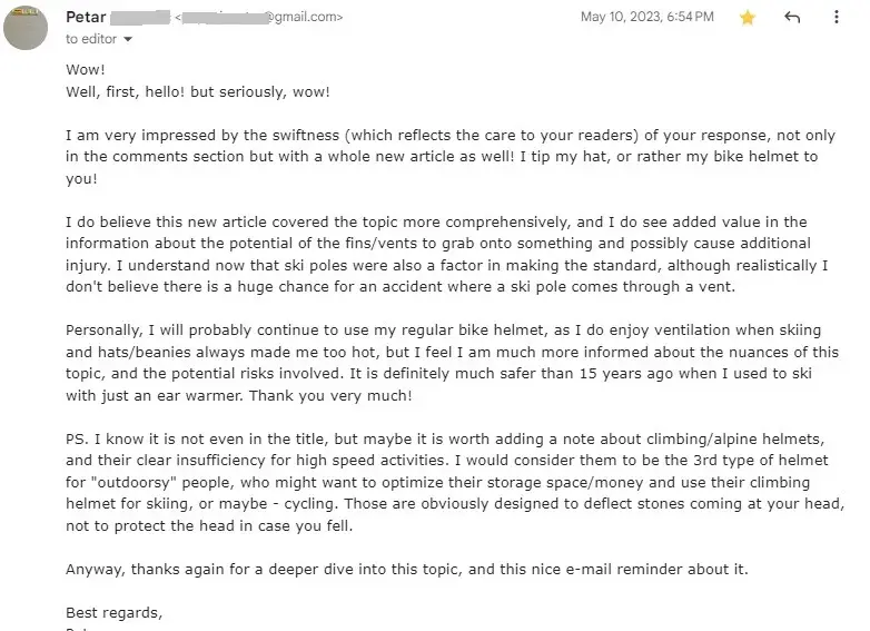 Copy of an email from a reader thanking us for our response to their comment.