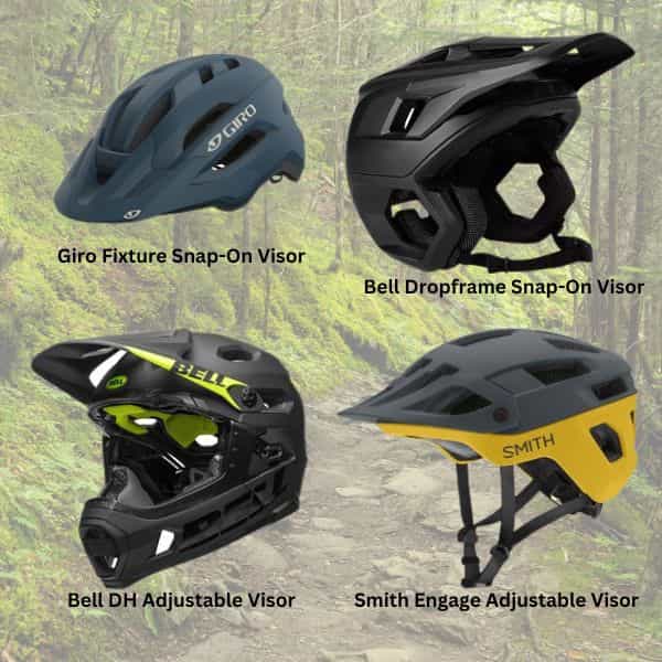 Four examples of MTB helmet visor types