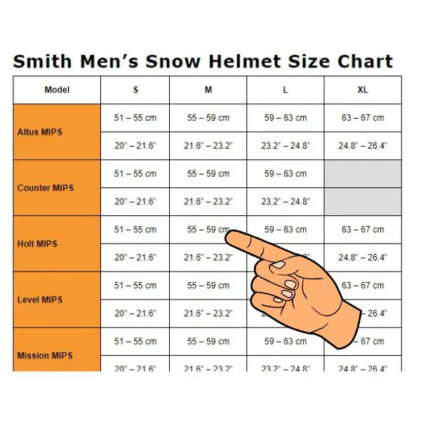 Example of a ski helmet size chart showing measurements in inches and centimeters.