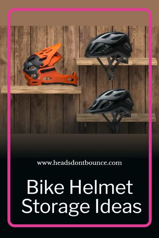 Pinterest Pin - three bike helmets sitting on individual wooden shelves