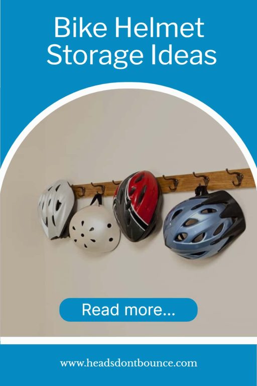 Pinterest Pin - four bike helmets hanging from hooks on the wall