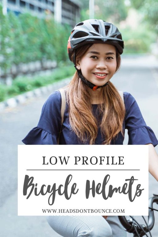 Pinterest Pin - Attractive Asian woman on a bicycle wearing a low profile bicycle helmet