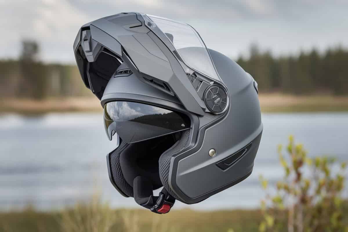 a grey modular motorcycle helmet with a lake and trees in the blurry background