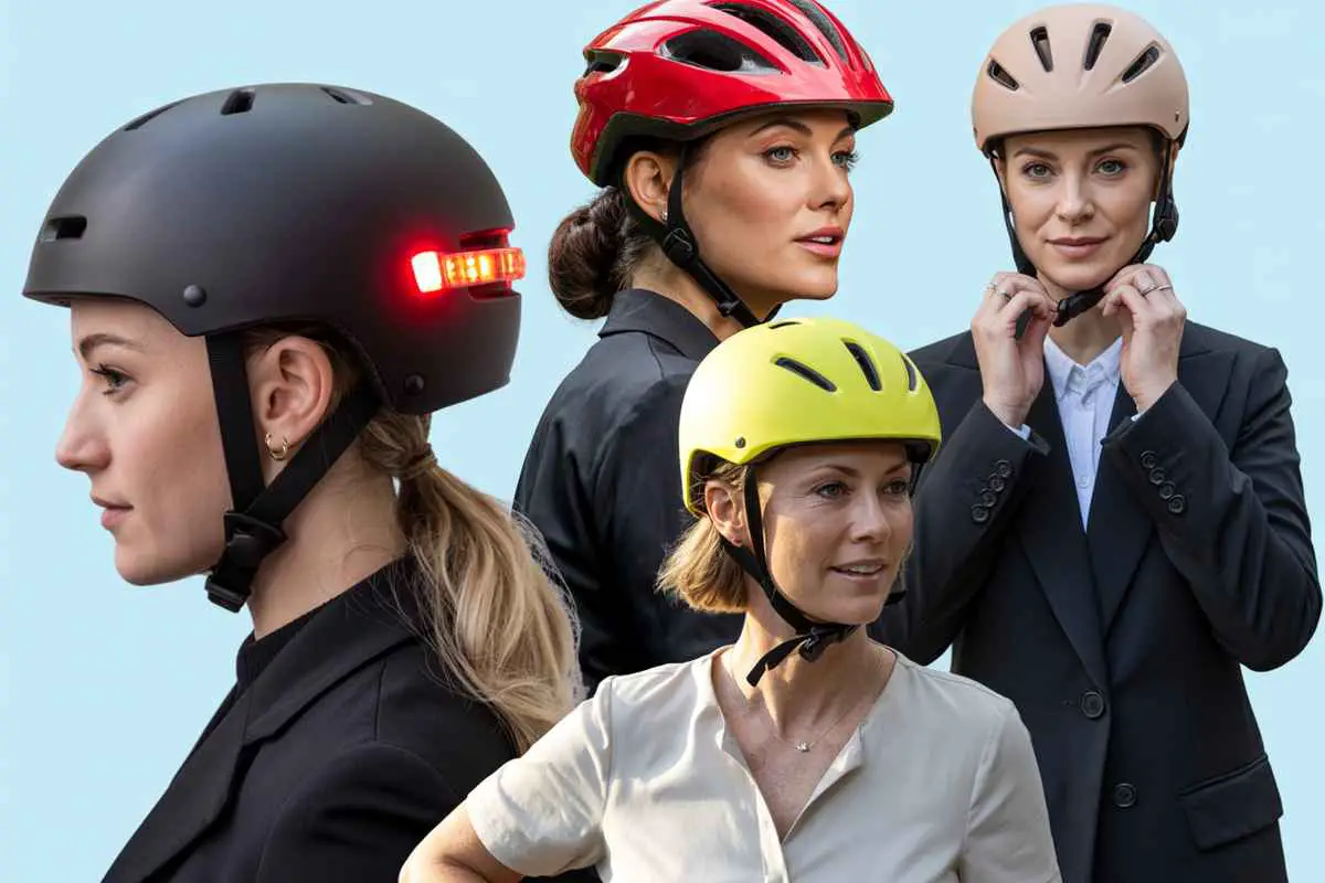 Image featuring 4 different women wearing 4 different types of bicycle helmets for women.