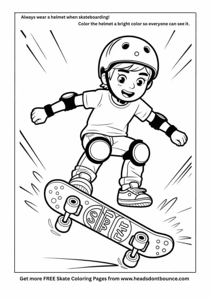 Skateboard coloring page of a boy kick flipping his skateboard. He is wearing a skateboard helmet and has knee and elbow pads.