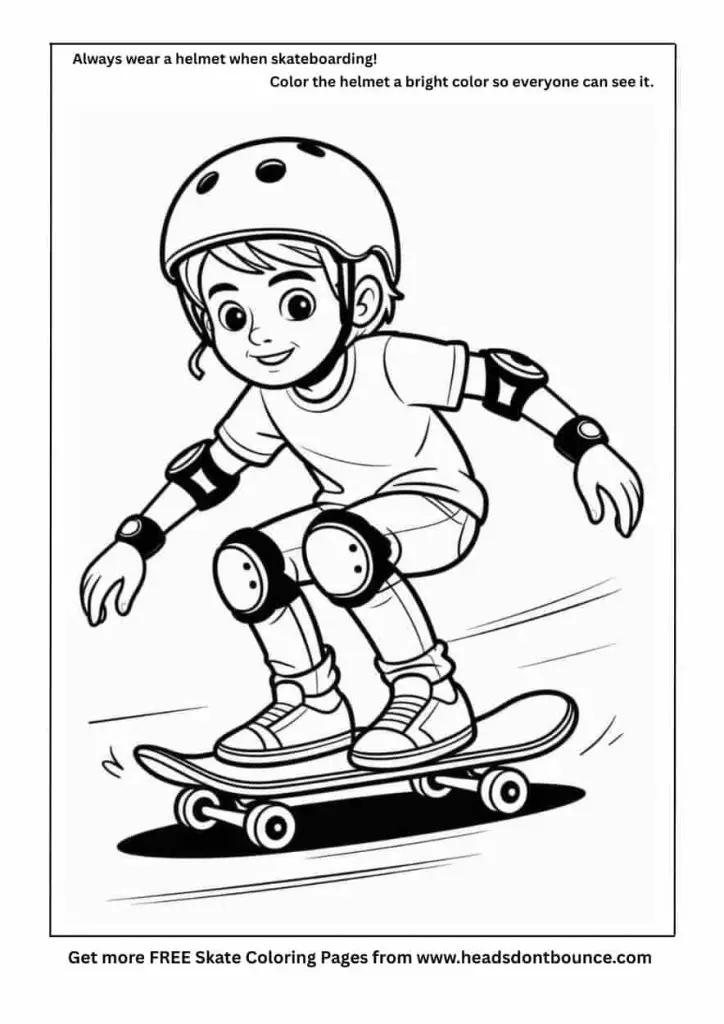 Skateboard coloring page of a boy skateboarding. He is wearing a skate helmet and knee and elbow pads.