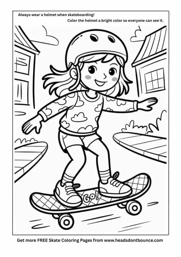 Skateboarding coloring page of a girl skateboarding in the street near some houses. She is wearing a skateboard helmet.
