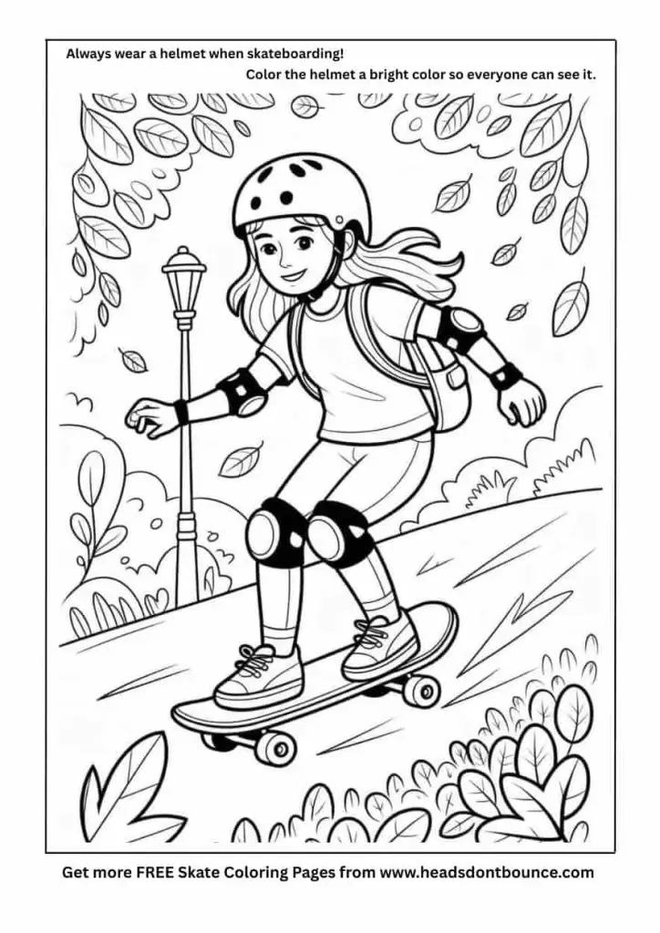 Skateboard coloring page of a teenage girl skateboarding down a hill in a park. She is wearing a skate helmet and has knee and elbow pads.