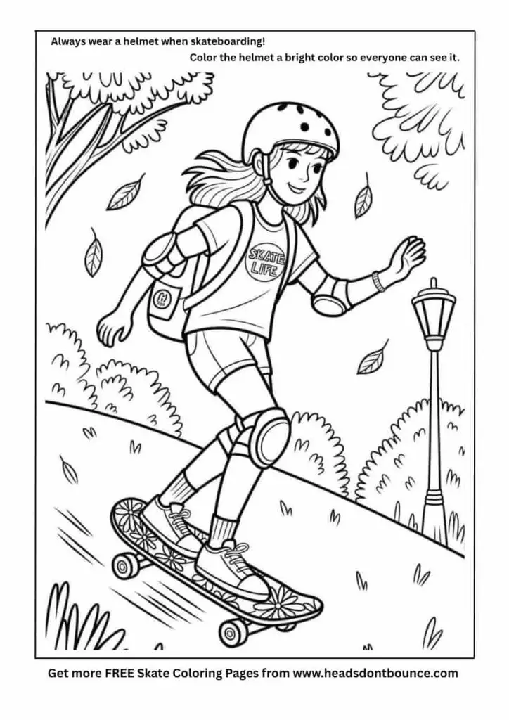 Skateboarding coloring page of a teenage girl skateboarding in a park with falling leaves. She is wearing knee and elbow pads and wearing a helmet.