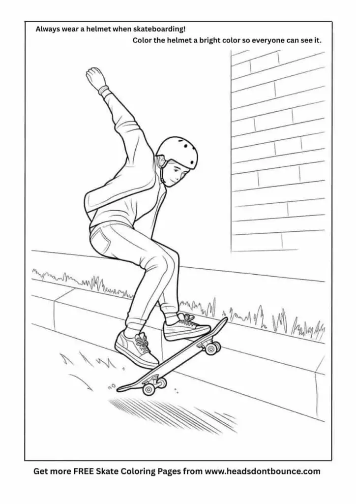 Skateboarding coloring page of a teenager doing tricks on his skateboard. He is wearing a skate helmet.