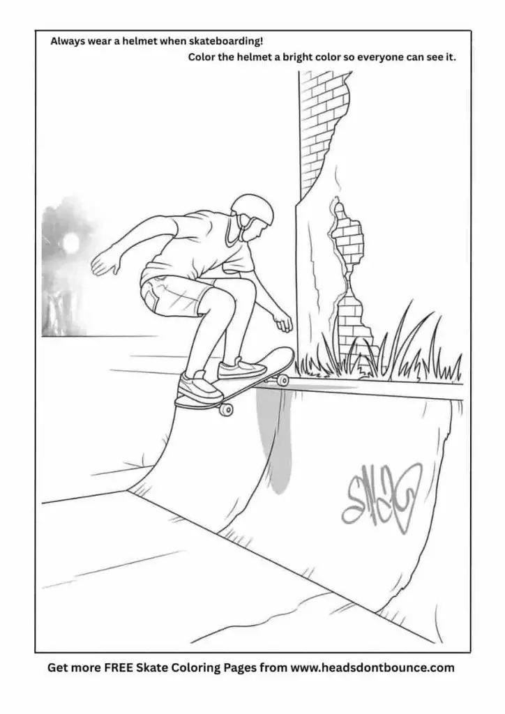 Skateboard coloring page of a guy on a skateboard at a skate park. He is wearing a skateboarding helmet.