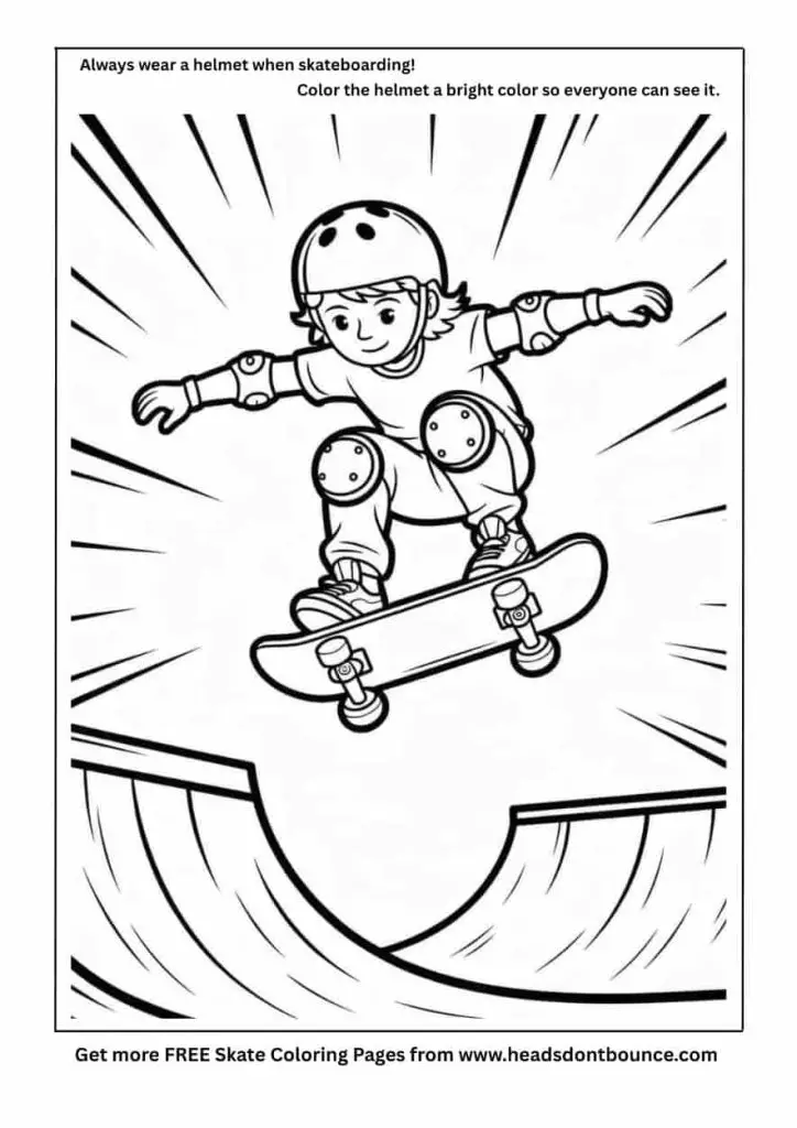 Skateboard coloring page of a boy skateboarding at a skate park. He has knee and elbow pads and a skateboard helmet.