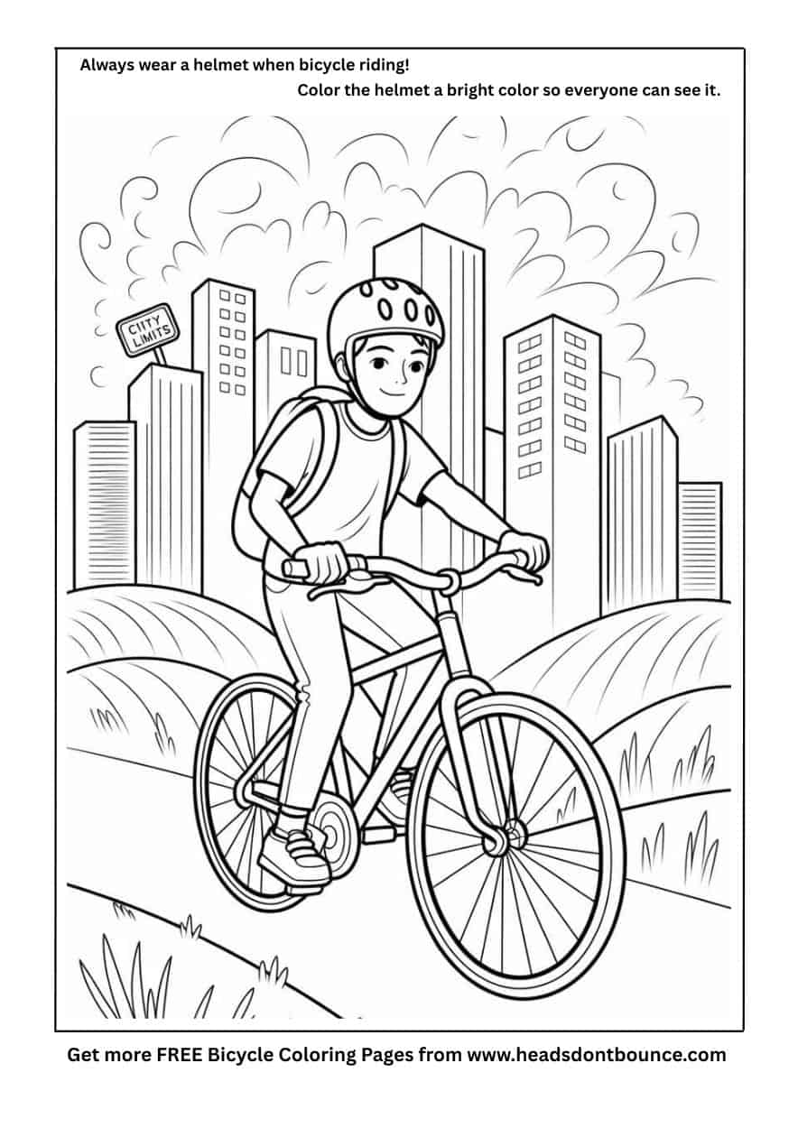 This bicycle helmet coloring page shows a teenage boy riding his bicycle along a path. He is wearing a cycling helmet. In the background is a city.