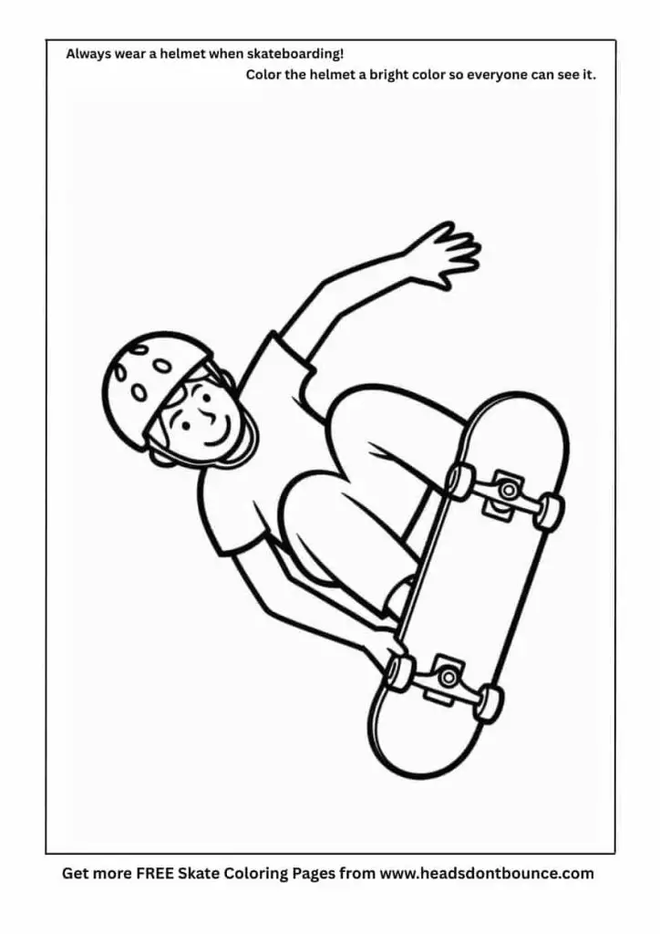 Skateboarding coloring page of a teenage boy wearing a skateboarding helmet on a skateboard. He is in the air holding the skateboard with one hand.