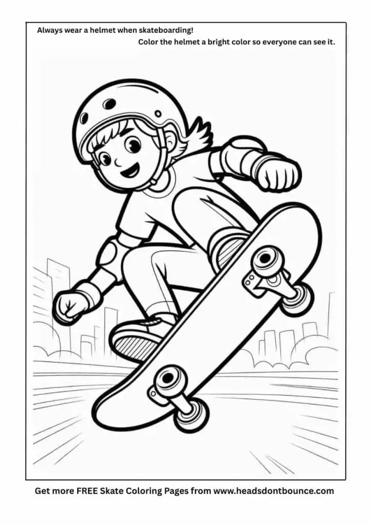 Skateboarding coloring page of a teenage girl on a skateboard. She is wearing a skate helmet and appears to be in the air.