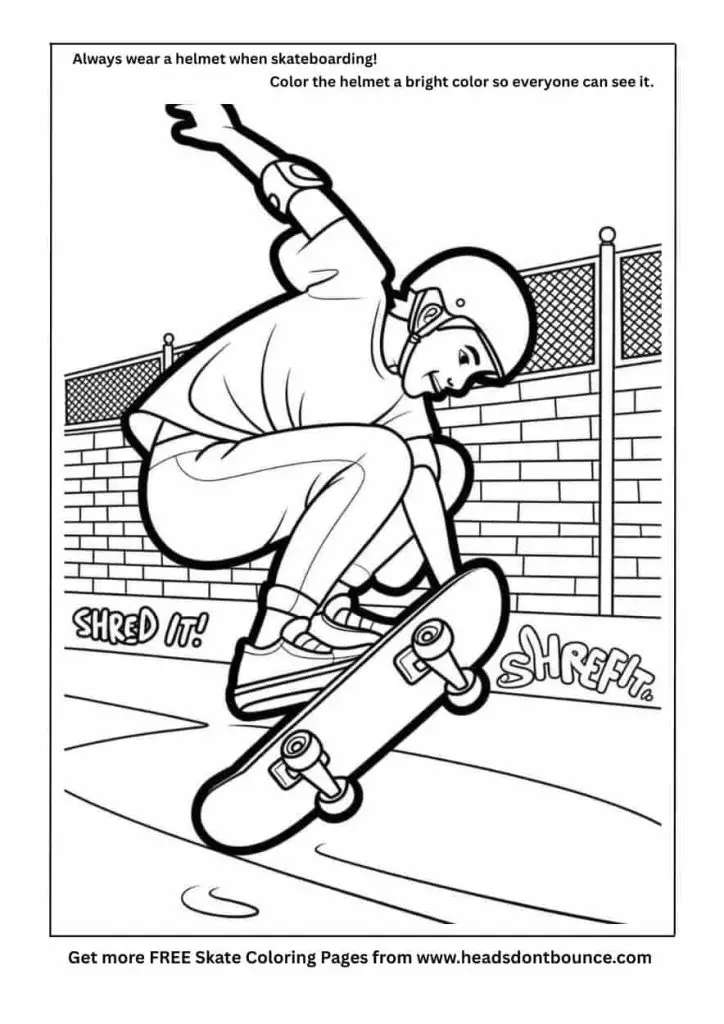 Skateboard coloring page of a teenage skateboarder shredding it at a skate park. He is wearing a skate helmet and elbow pads.