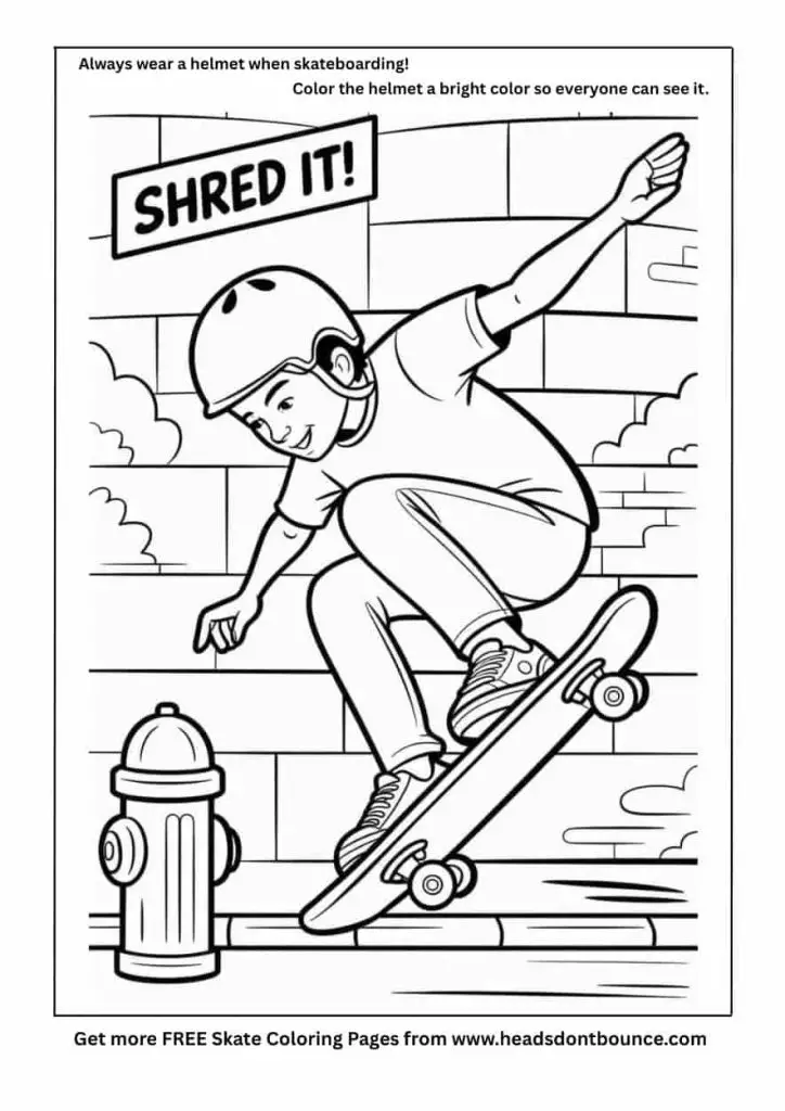 Skateboarding coloring page of a skateboarding boy shredding it in the street. He is wearing a skateboard helmet.