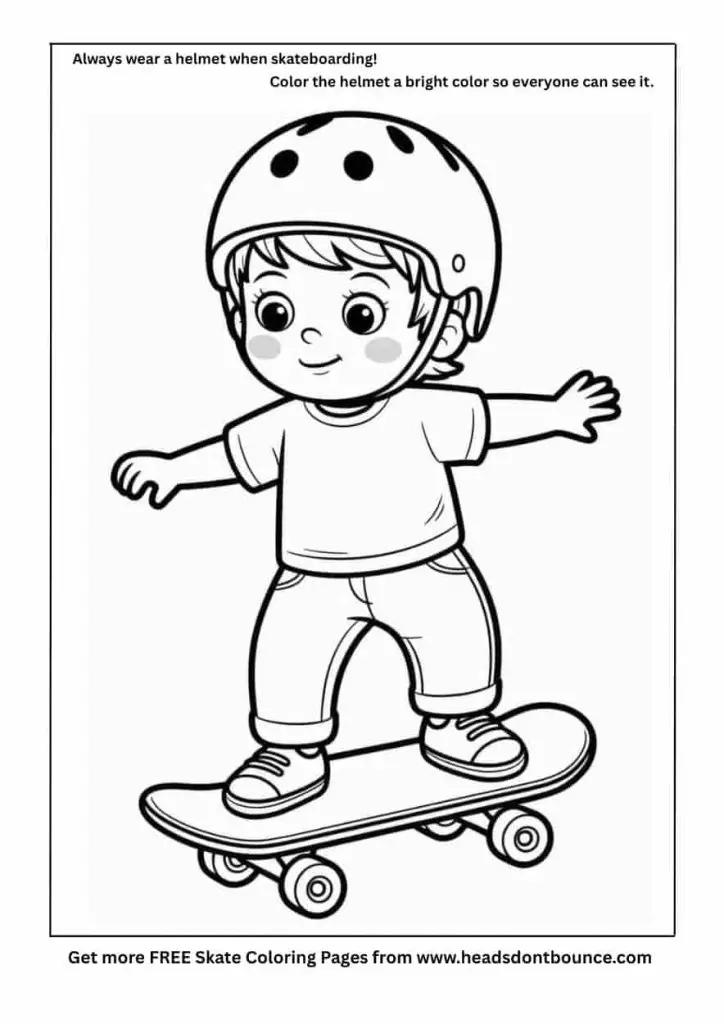 Skateboard coloring page of a toddler on a skateboard wearing a skate helmet.