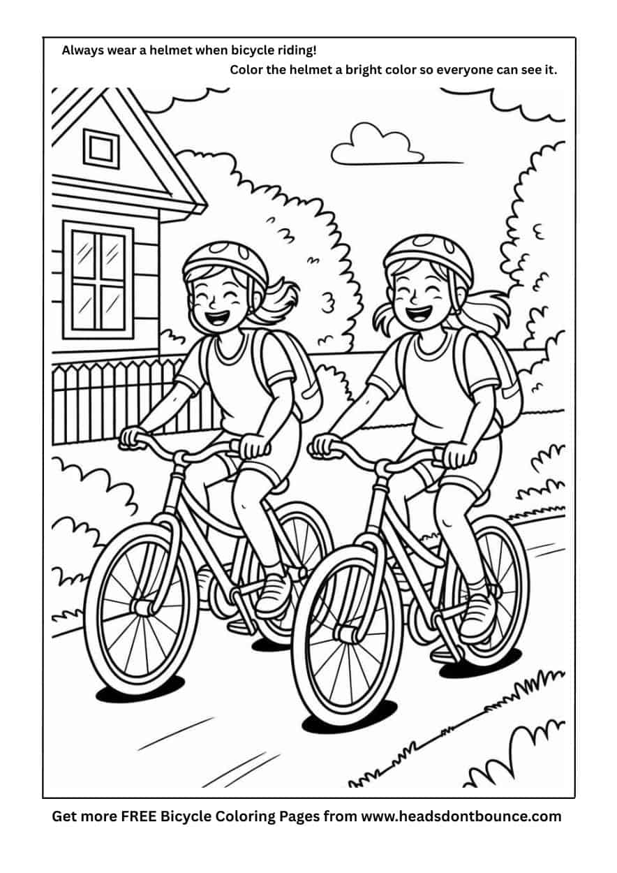 A bike coloring page showing two teen girls laughing as they ride their bikes. They are both wearing bicycle helmets.