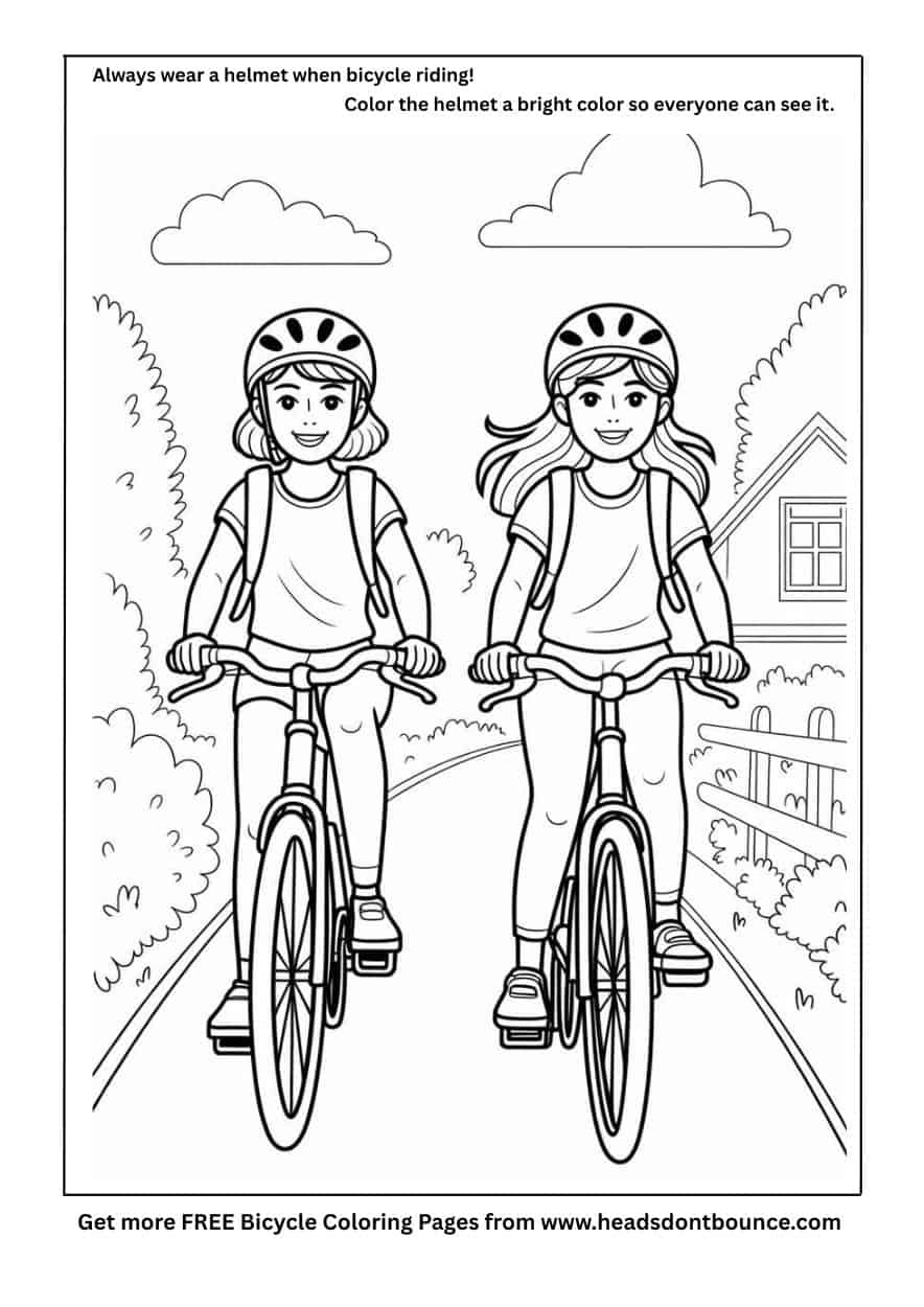 A bicycle helmet coloring page of two teenage girls cycling side by side on a path. They are both wearing bike helmets and have backpacks.