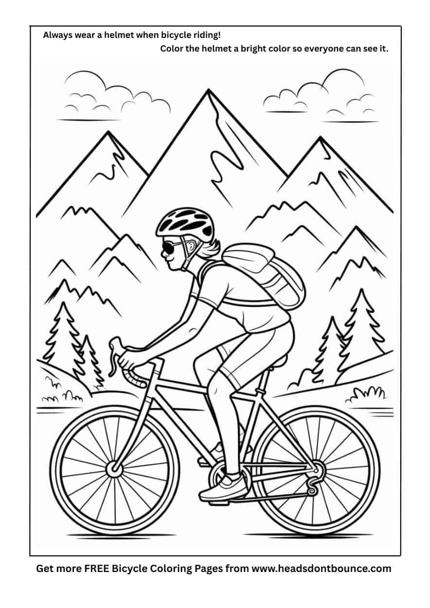 A bicycle coloring of a young woman cycling in a rural setting. She is wearing a helmet and has a backpack. In the background are pine trees and mountains.