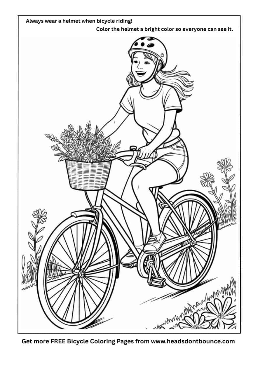 A bicycle coloring page of a happy teenage girl wearing a bike helmet as she rides her bike along a path. She has flowers in the bike's basket.