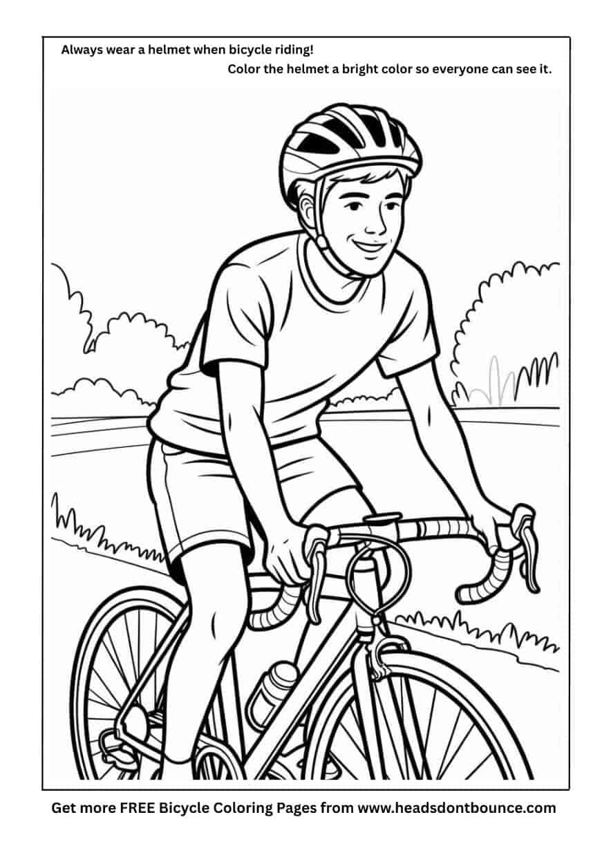 Bicycle coloring page of a man riding his bicycle in the park. He is wearing his bicycle helmet.