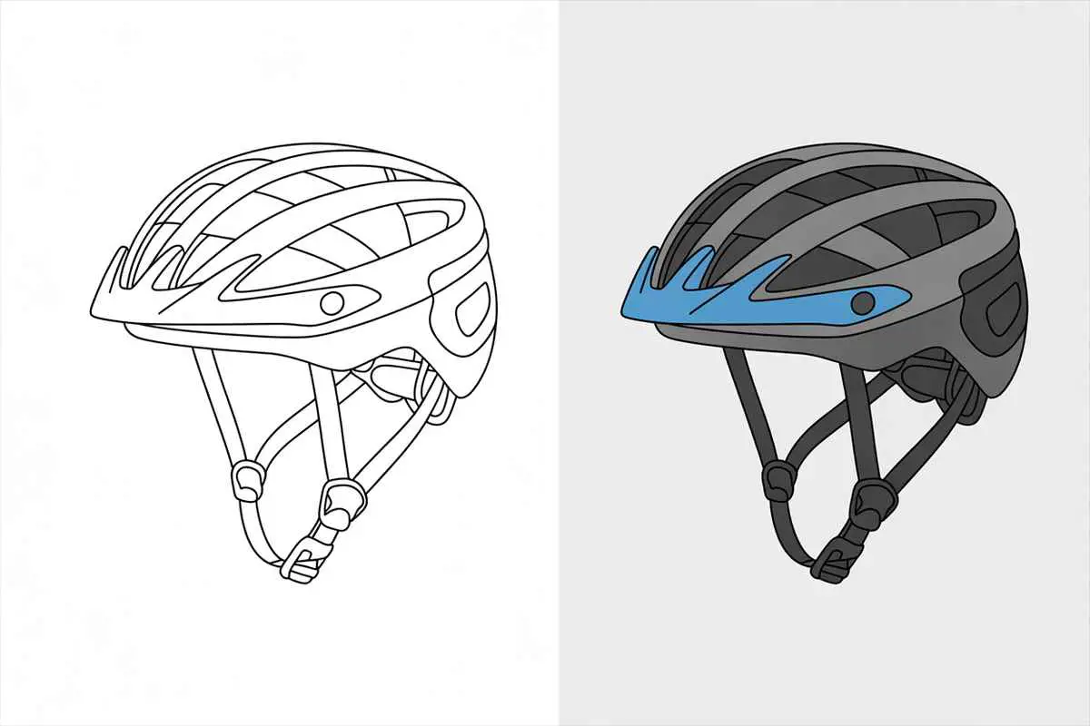 On the left is a black and white coloring image of a bicycle helmet. On the right is the same image colored blue and gray.