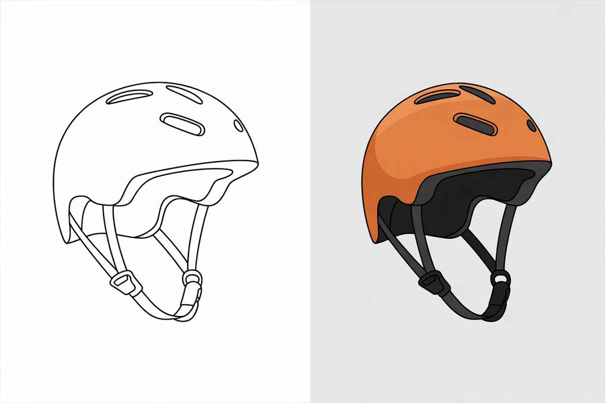 On the left is a black and white coloring image of a skateboard helmet. On the right is the same image colored orange.