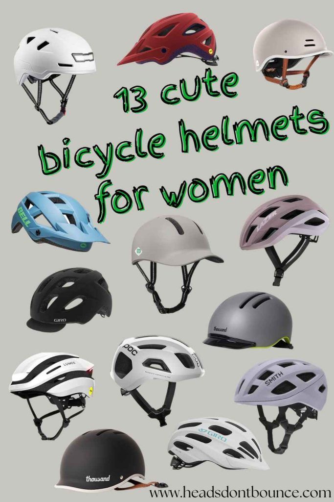 A montage of 13 different stylish bicycle helmets suitable for women. The text reads "13 Cute Bicycle Helmets for Women".
