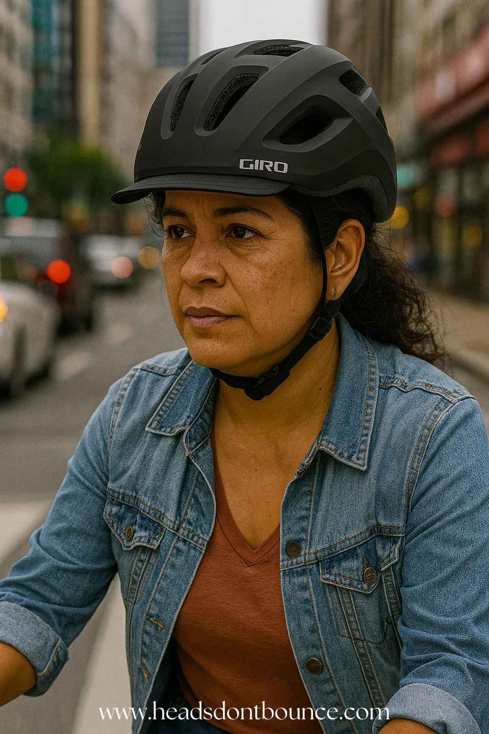 Close-up of a middle-aged woman wearing a Giro Trella MIPS bike helmet as she rides her bicycle down an inner city street.