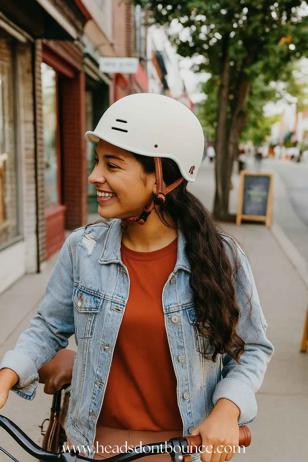 Close-up of a young woman walking with her bicycle in a shopping street wearing a Retrospec Remi urban bicycle helmet.