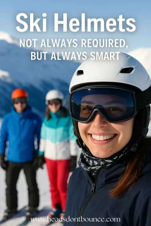 A woman smiling wearing a ski helmet with two friends behind her. Text above says, "Ski Helmets - not always required, but always smart".