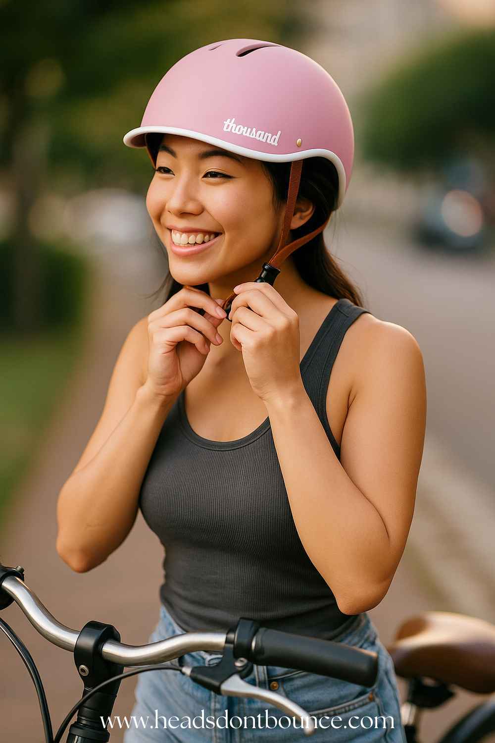 Young Asian woman with a big smile adjusting the strap of her pink Thousand Heritage bike helmet.