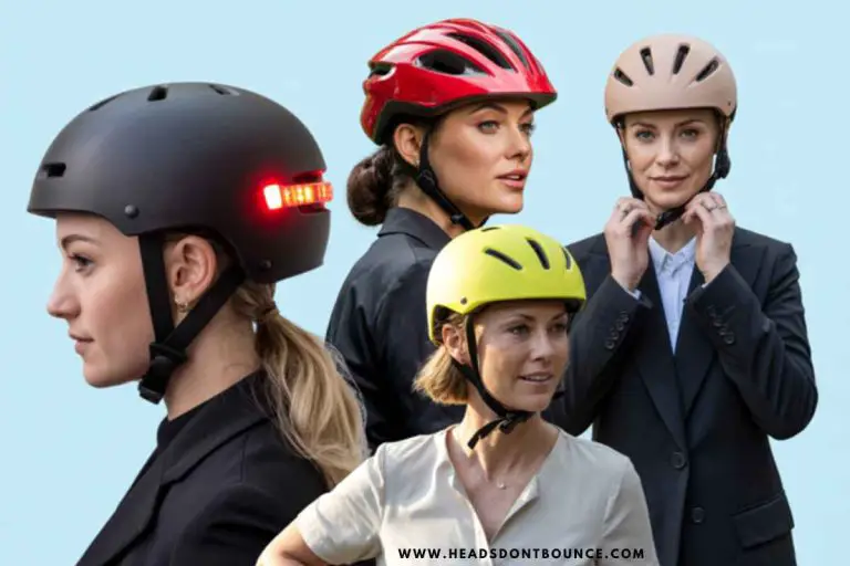 Image featuring 4 different women wearing 4 different types of bicycle helmets for women.